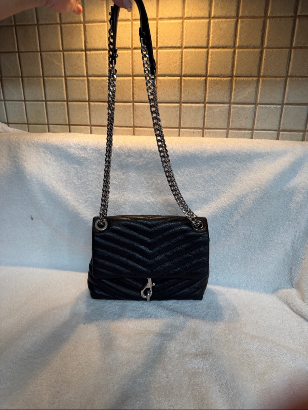 Rebecca Minkoff Edie Black Quilted Chevron Shoulder Bag with Silver Chain Strap
